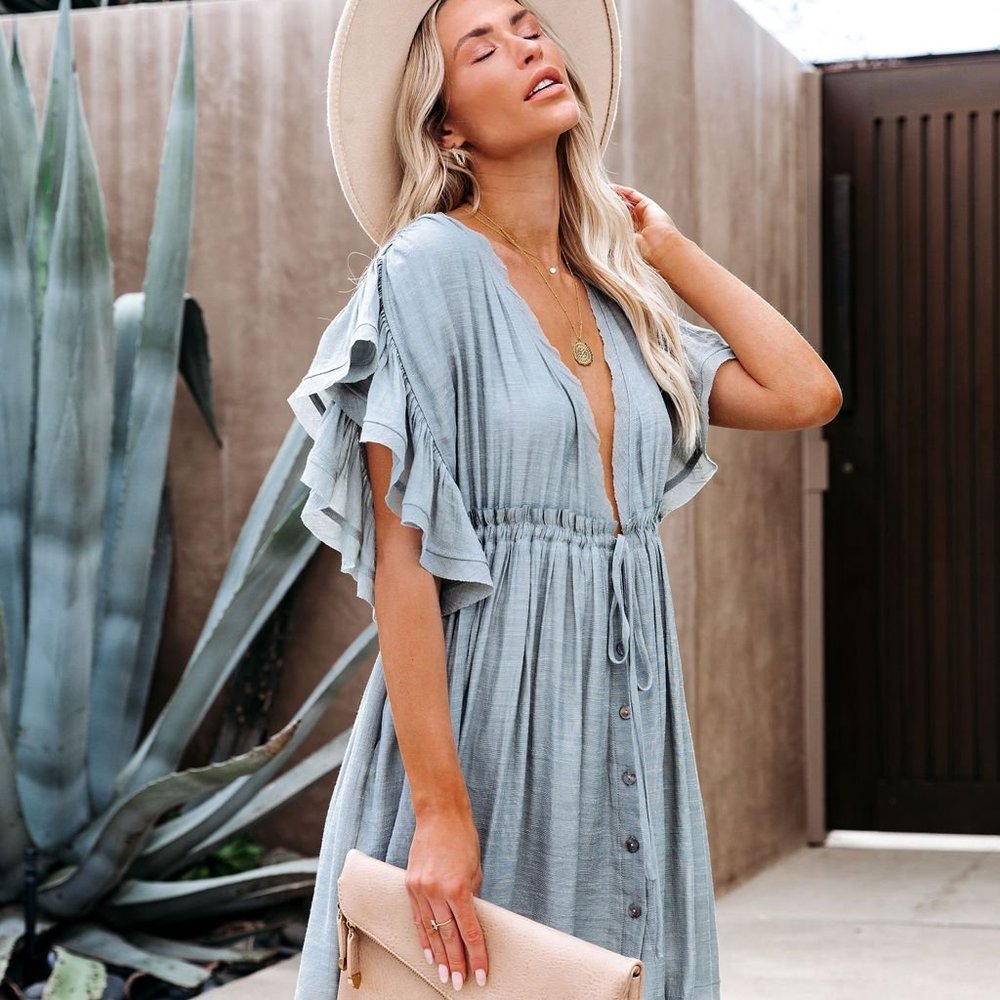 New Bohemian Mini Blue Gauze Summer Dress Swim Cover-Up